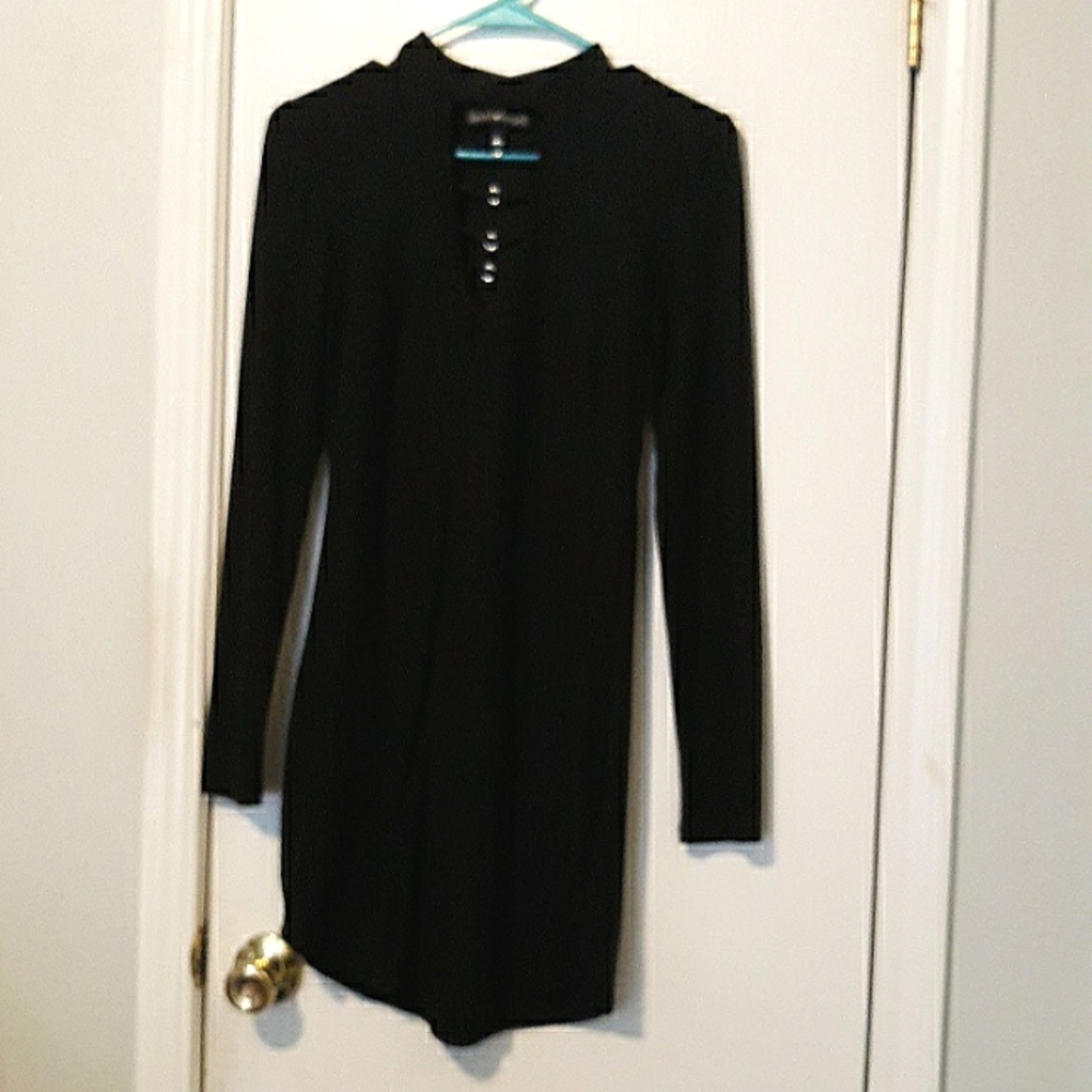 Derek Heart Black Bodycon Mini Dress Long Sleeve Deep V-neck Choker Neck sz S